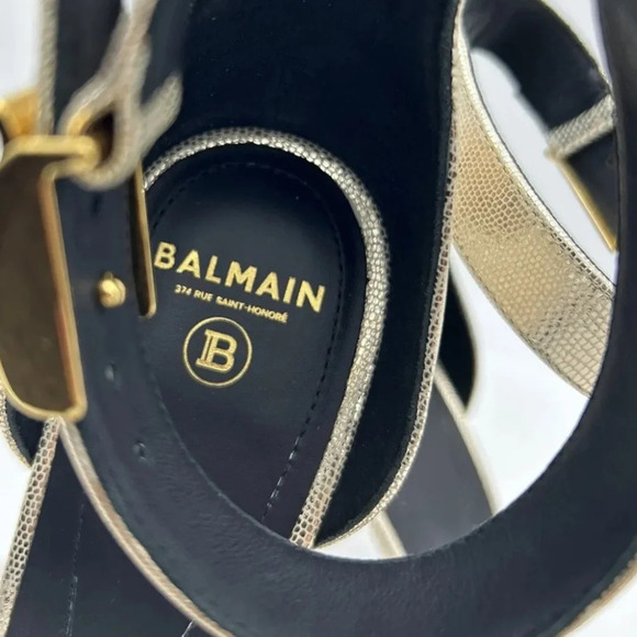 Balmain Uma Lizard-Embossed Leather Sandals Gold Women’s EU 37.5 New In box - Picture 7 of 16
